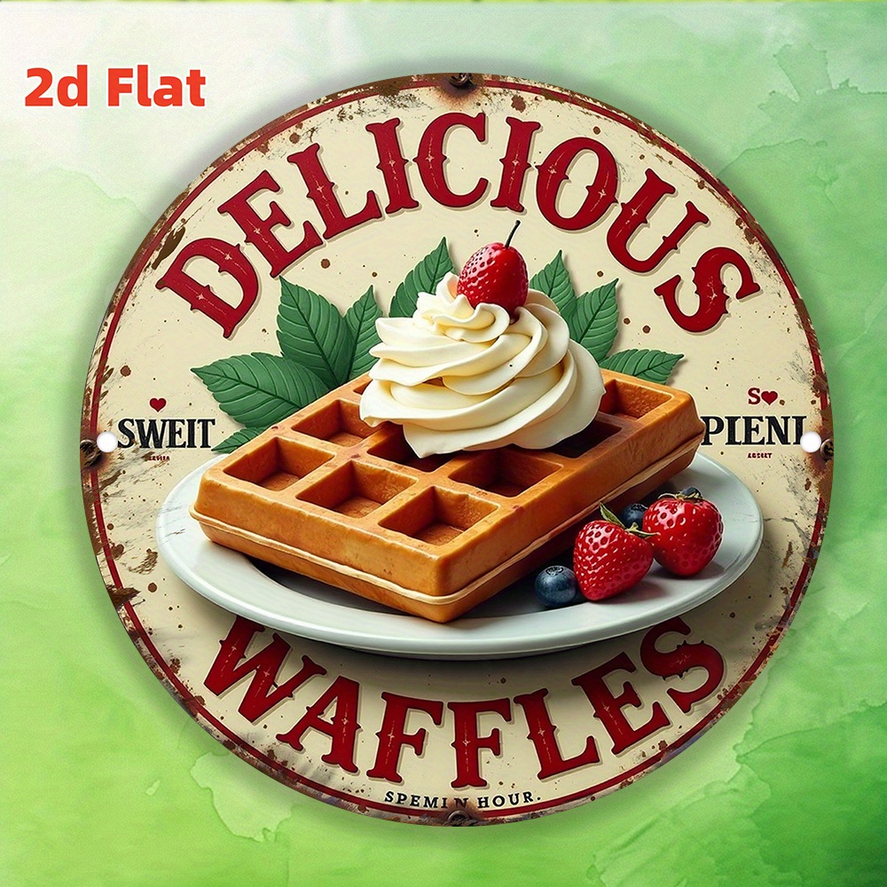 Waffle Iron Belgian - 2Dフラット、ヴィンテージベルギーワッフルウォールサイン - 頑丈な丸型メタルワッフル＆ストロベリーアート - 簡単に掛けられる粘着裏地付き -