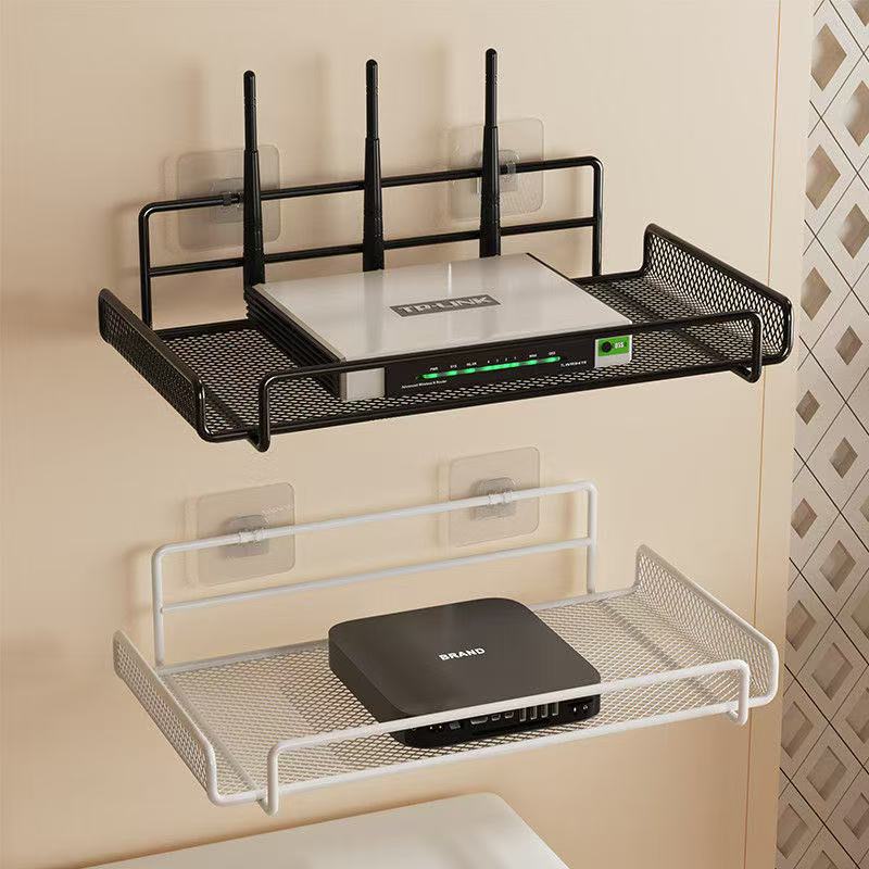Kitchen Appliances Organizer - 穴あけ不要の壁掛け式ルーターシェルフ。金属製メッシュ素材で、Wi-Fi機器を収納・整理できる壁掛けラック。家庭用、キッチン、バスルームに最適。
