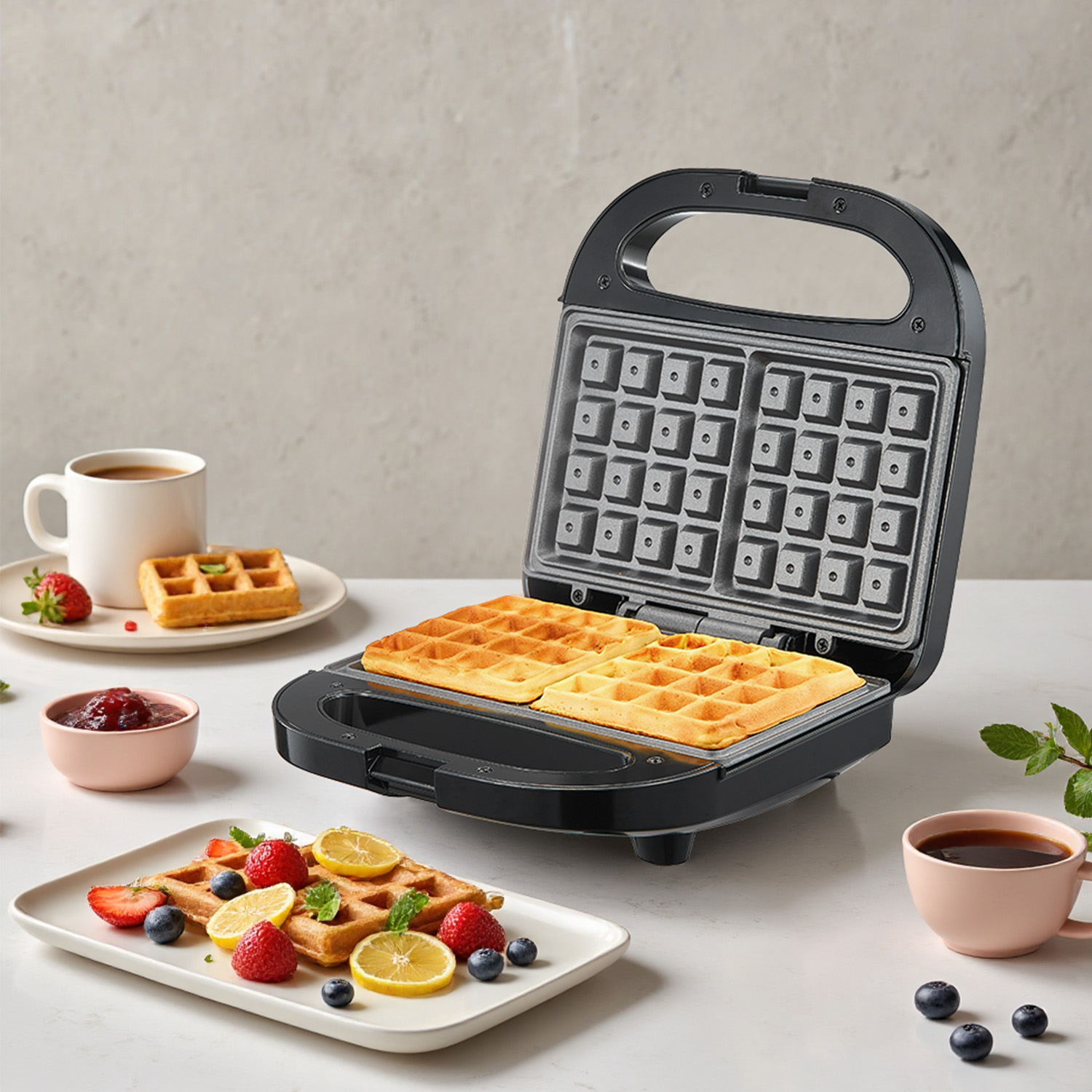 Waffle Iron Belgian - 2枚焼きベルギーワッフルメーカー、焦げ付き防止プレート、LEDインジケーター付きコンパクト電気ワッフルアイロン、ロックラッチ、家庭用キッチン向け簡単清掃朝食メーカー