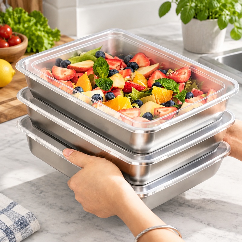 Kitchen Appliances Organizer - 透明な蓋が付いた、3点セットのステンレス製食品保存容器。キッチンやアウトドアでのキャンプに最適な、液漏れ防止設計。