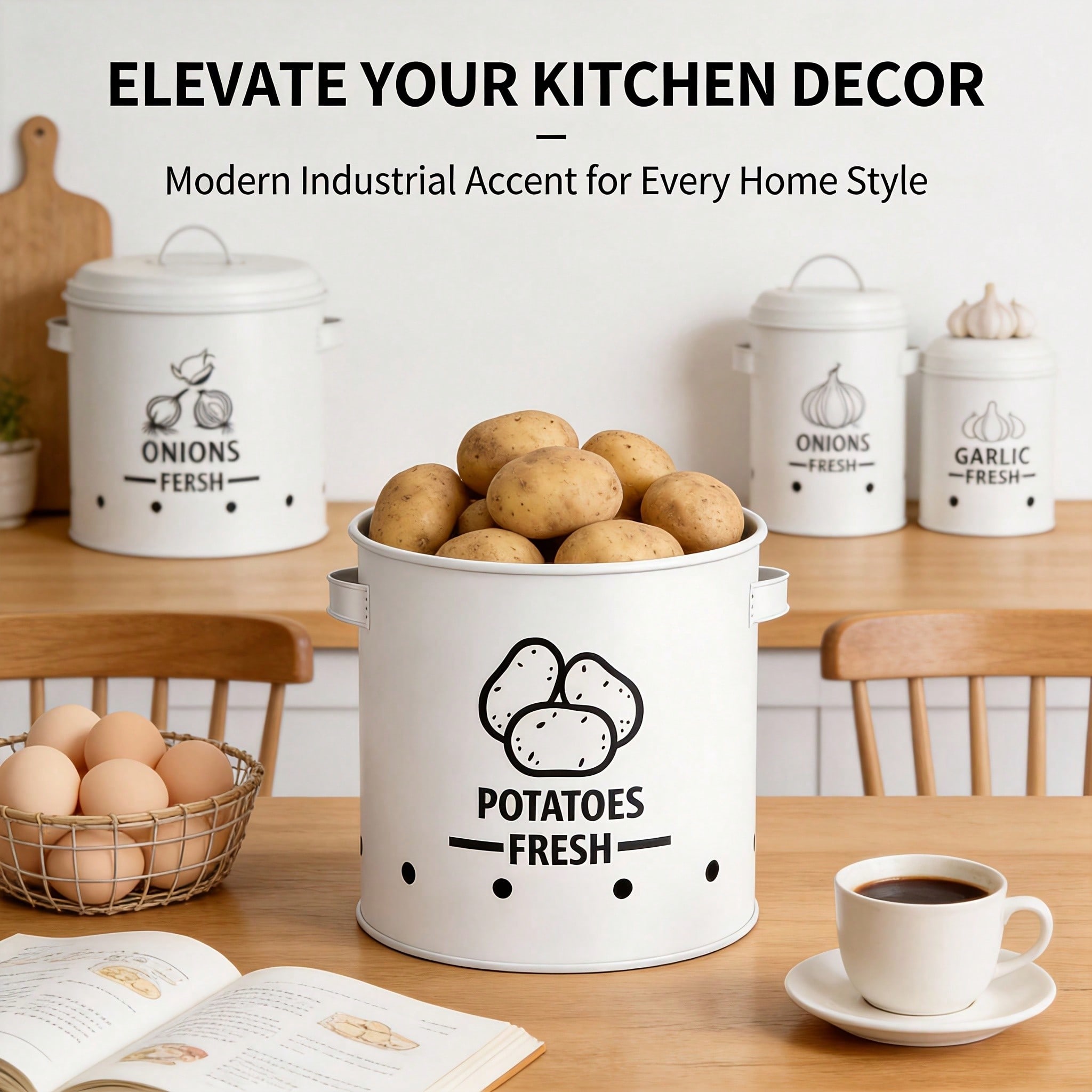 ポテト・オニオン・ガーリック収納ビンセット、ファームハウス風 - Kitchen Appliances Organizer のレビューと価格