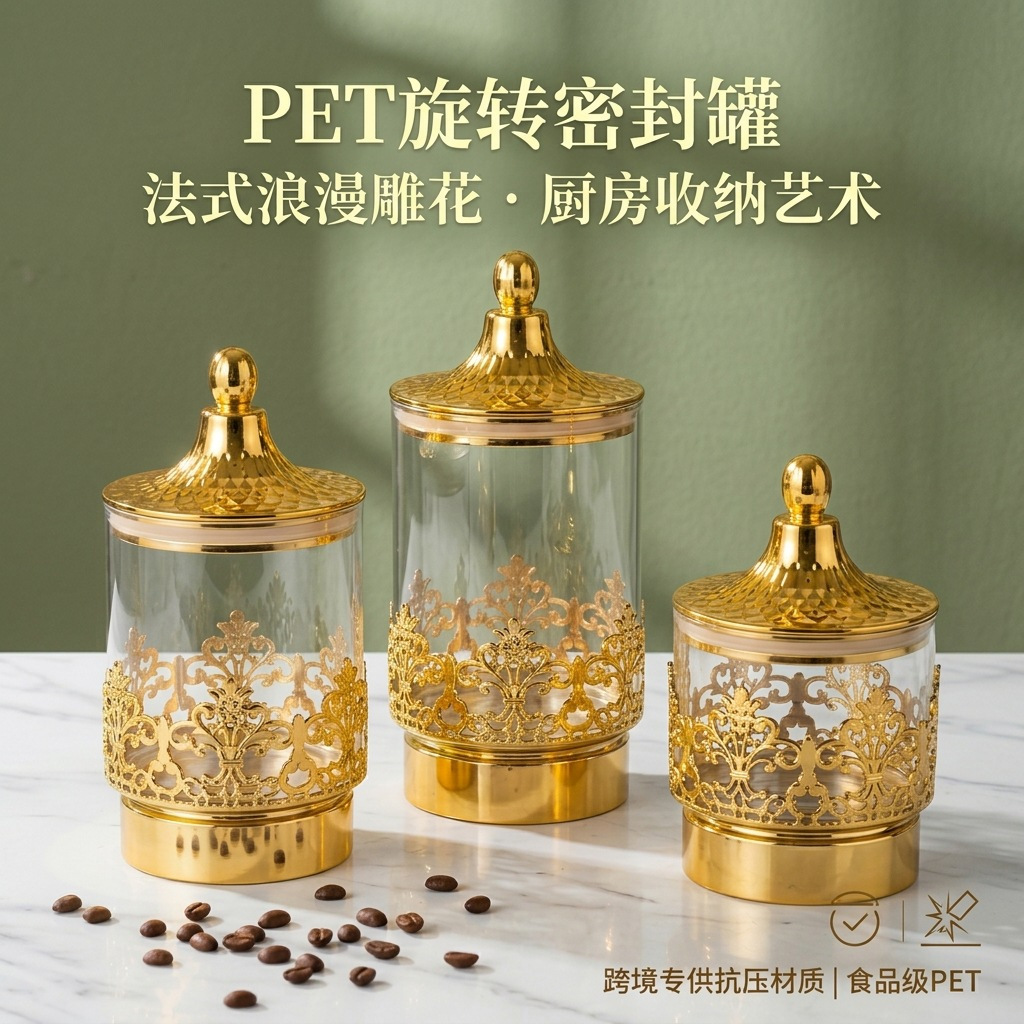 ヨーロッパの透明な金メッキ回転式密閉缶スナック茶葉収納タンク - Kitchen Appliances Organizer のレビューと価格